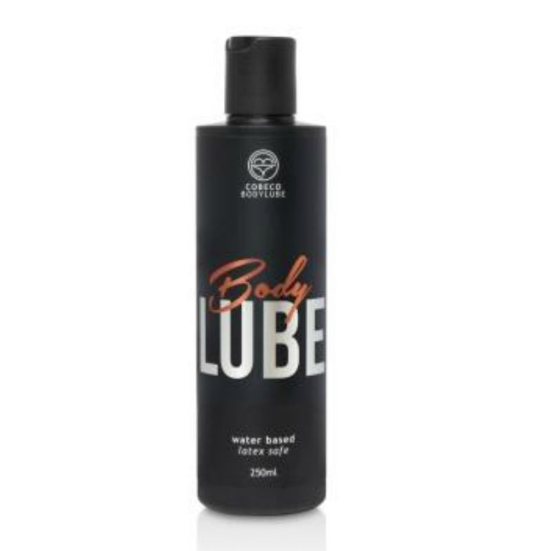 Flacon noir Cobeco Body Lube base eau 250 ml, logo orange Body, lubrifiant corporel incolore compatible latex ideal pour les massages erotiques et les rapports