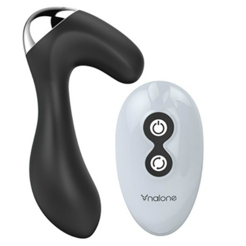 Masseur de prostate Nalone noir en silicone, tige incurvée et base stabilisatrice, télécommande blanche à pictogrammes. Stimulation prostate et périnée, sept modes rechargeables.