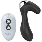Masseur de prostate Nalone noir en silicone, forme anatomique courbée à base brillante, télécommande blanche à pictogrammes. Stimulation prostatique sans fil, sept modes.