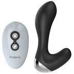 Masseur de prostate Nalone noir en silicone, forme ergonomique courbée à base chromée, présenté avec sa télécommande blanche. Deux moteurs, sept modes, sans fil 10 m.