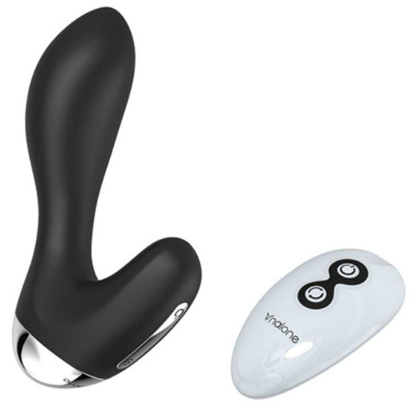 Masseur de prostate Nalone noir de profil, tige incurvée en silicone et base stabilisatrice chromée, télécommande blanche. Deux moteurs prostate et périnée, télécommande 10 m.