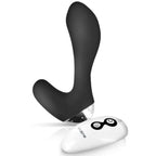 Masseur de prostate Nalone noir vu en plongée, corps courbé en silicone à base miroir, télécommande blanche couchée. Stimulation prostatique double moteur, sept modes rechargeables.