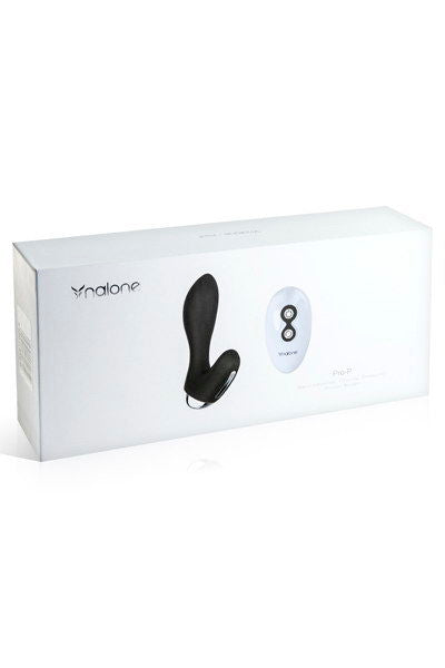 Boîte du masseur de prostate Nalone, packaging blanc épuré montrant le plug noir et sa télécommande en illustration. Stimulateur prostatique silicone, sept modes, sans fil.