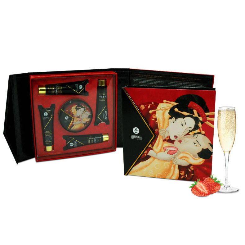 Trousse noire du kit Geisha Secrets Shunga ouverte sur ses accessoires de massage, boite discrete contenant cinq produits de bien etre intime fraises et cava pour couples