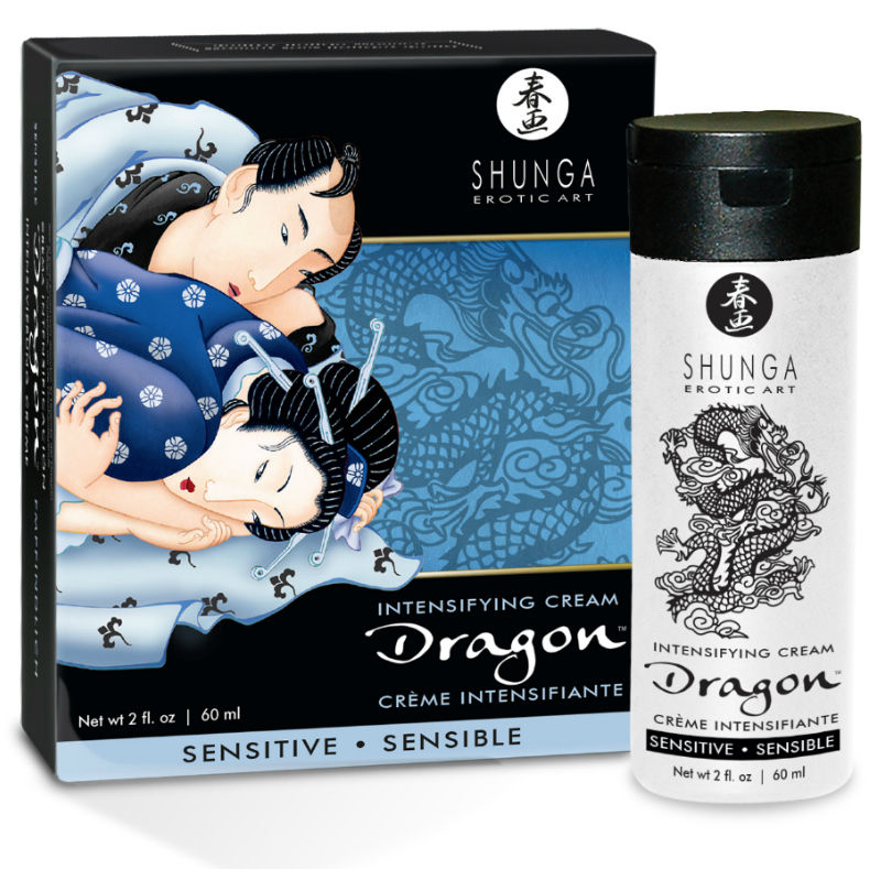 Coffret Shunga Dragon Sensitive bleu avec son flacon, boite illustree d un couple enlace, creme chauffante sensible 60 ml a base de plantes effet chaud froid pour couples