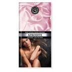 Etui de lotion corporelle Aphrodite Silk Skin illustre d'une femme denudee de profil sur fond satin noir, format echantillon Secret Play pheromones pour peau de soie.
