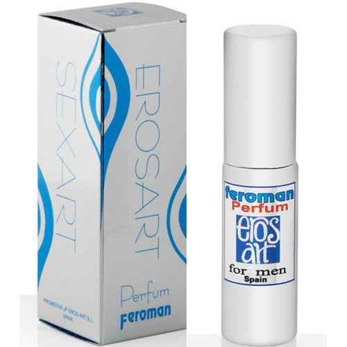 Coffret bleu Eros Sexart Feroman et son spray blanc, parfum aux pheromones pour homme, a porter comme une eau de toilette pour miser sur l'attirance