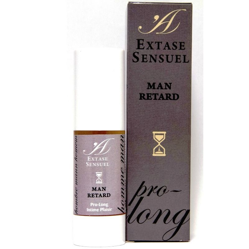 Flacon Extase Sensual de gel retardant Man Retard Pro-Long a cote de sa boite Prolong avec sablier, texture oil-free chaud-froid compatible latex pour prolonger l'intimite.
