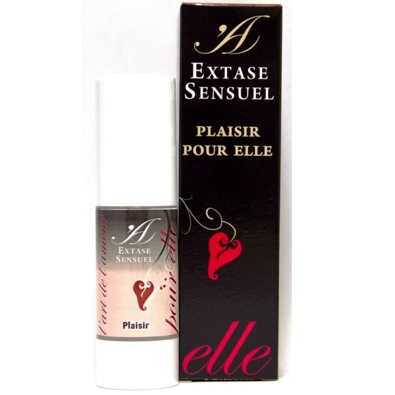 Flacon airless Extase Sensual de gel sensoriel Plaisir pour elle a cote de sa boite noire Plaisir Pour Elle, gel a appliquer en massage doux sur les zones erogenes externes.