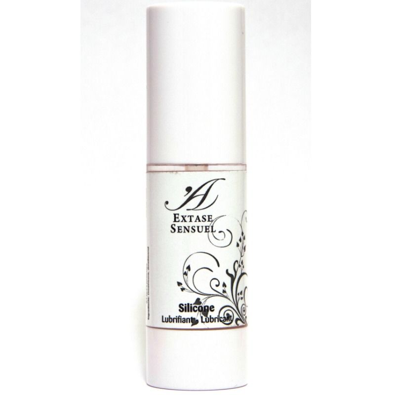 Flacon blanc Extase Sensual de lubrifiant base silicone soyeux 30 ml de face, decor floral, glisse longue duree resistante a l'eau, format compact unisexe pour jouets non silicones.
