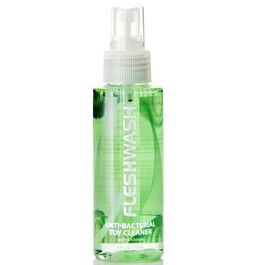 Nettoyant spray Fleshwash 100 ml pour sextoys, flacon transparent a liquide vert et pompe vaporisateur, formule antibacterienne sans alcool, fond blanc.