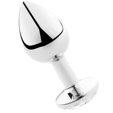 Plug anal bijou en aluminium argente ultra lisse a pointe conique, base bombee ornee d un strass, vue de face sur fond blanc, accessoire non poreux thermoreactif.