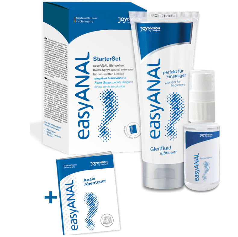 Kit demarrage easyANAL StarterSet Joydivision, boite bleue avec lubrifiant easyANAL et spray relaxant, ensemble 2 en 1 base eau respectueux de la peau pour debuter l anal