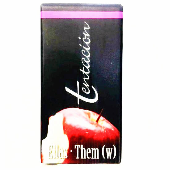 Etui noir Tentacion Ellas Them elixir de pheromones lesbiennes, packaging a pomme rouge du flacon verre 7 ml concu pour creer une attraction naturelle