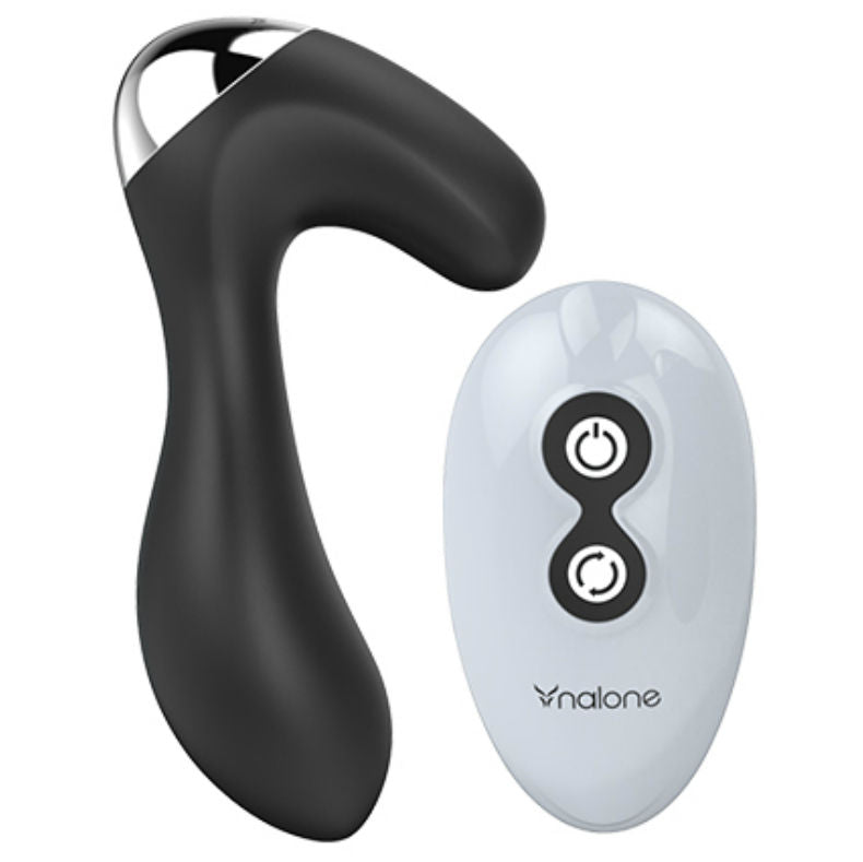 Masseur de prostate Nalone noir en silicone, forme courbée à base chromée, télécommande blanche à boutons marche et modes. Stimulation prostate et périnée, sept modes rechargeables.