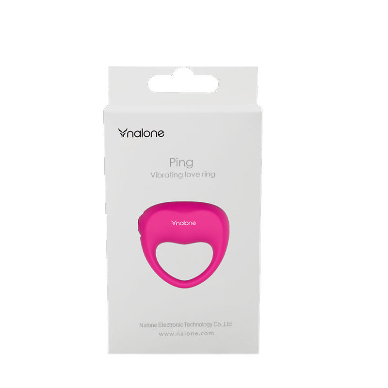 Packaging blanc Nalone Ping de dos : boite presentant l'anneau vibrant rose et les mentions techniques, sans aucun element anatomique ni mise en scene.