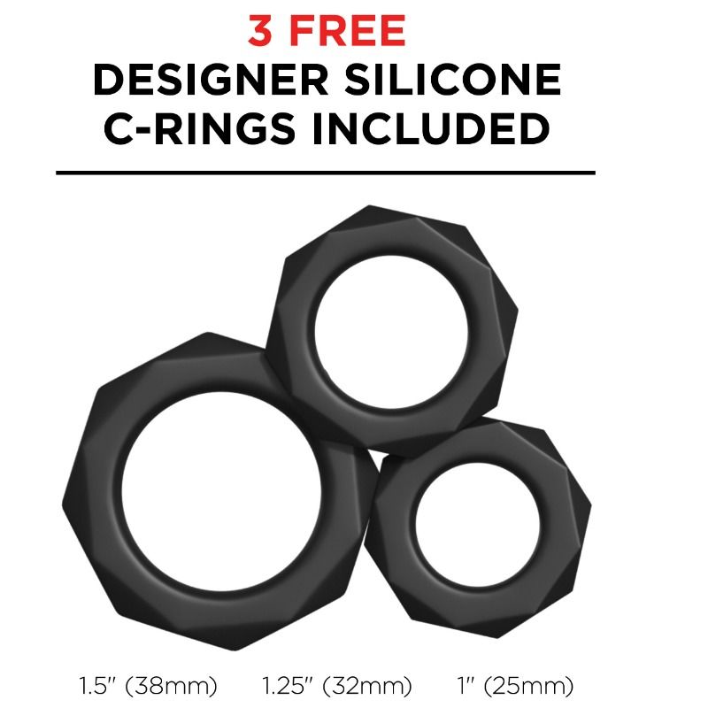 Trois anneaux péniens en silicone noir offerts avec le masturbateur, présentés par taille (38 mm, 32 mm, 25 mm)