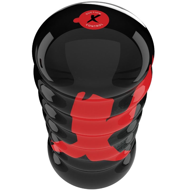 Masturbateur PDX Elite — vue de trois quarts du boîtier noir strié à motif rouge