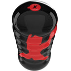 Masturbateur PDX Elite — vue de trois quarts du boîtier noir strié à motif rouge