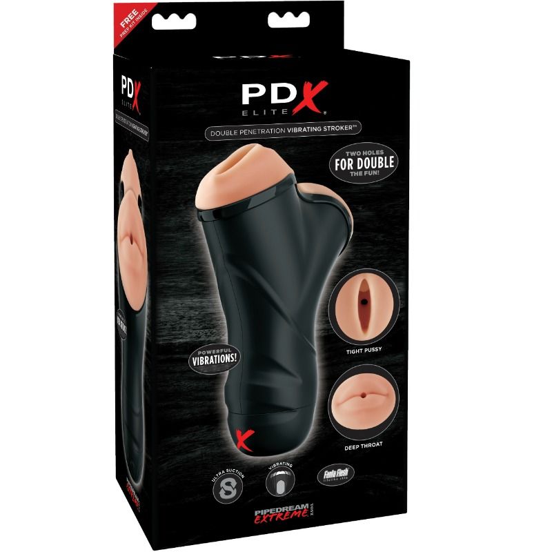 Boîtier du PDX Elite Double Penetration Vibrating Stroker — packaging avec détail des deux orifices « Tight Pussy » et « Deep Throat »