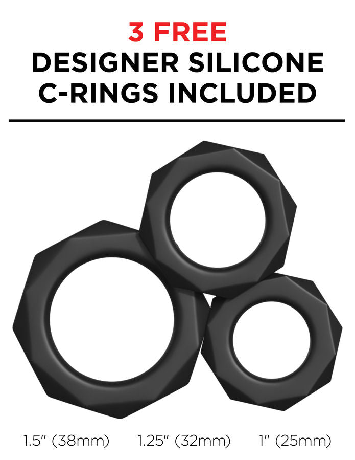 Trois anneaux péniens design en silicone noir offerts, diamètres de 25, 32 et 38 mm, surface texturée lisse et extensible pour accompagner le stimulateur de gland.