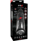 Boîtier du PDX Elite Deluxe Mega-Bator — packaging avec 10 modes, support pour appareil mobile et 3 embouts réalistes interchangeables