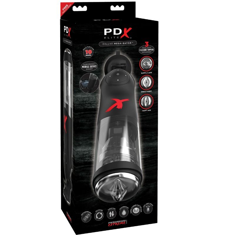 Boîtier du PDX Elite Deluxe Mega-Bator — packaging avec 10 modes, support pour appareil mobile et 3 embouts réalistes interchangeables