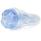 Masturbateur Turbo transparent vu sous un autre angle, etui cristallin a inserts bleus montrant la texture interne en relief, format cylindrique fond blanc.