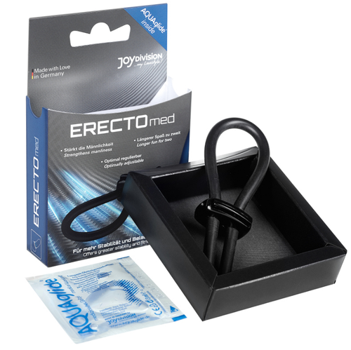 Boite ERECTOmed anneau penien silicone Joydivision avec l anneau noir reglable pose devant, packaging bleu made in Germany, sachet AQUAglide inclus pour erection ferme