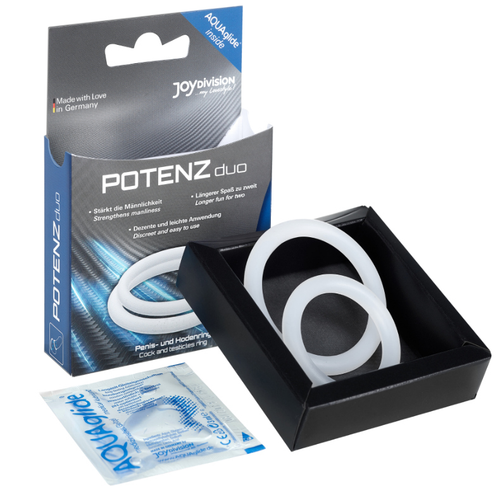 Boite Potenzduo Joydivision avec double anneau penien blanc presente dans son ecrin, packaging AQUAglide Made in Germany pour un maintien ferme du couple