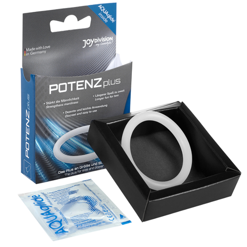 Boite POTENZplus anneau penien silicone Joydivision avec l anneau transparent pose dans son ecrin noir, packaging bleu made in Germany, sachet AQUAglide inclus