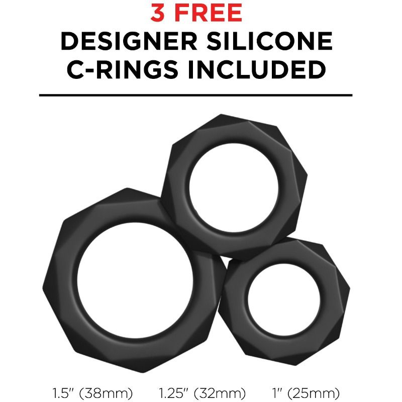 Trois anneaux péniens en silicone noir inclus dans le kit, présentés par taille (38 mm, 32 mm, 25 mm)