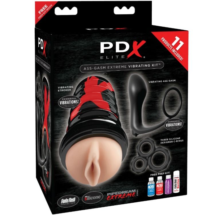 Boîtier du PDX Elite Ass-Gasm Extreme Vibrating Kit — packaging détaillant les 11 éléments inclus : masturbateur, plug vibrant Ass-Gasm, anneaux et kit de préparation
