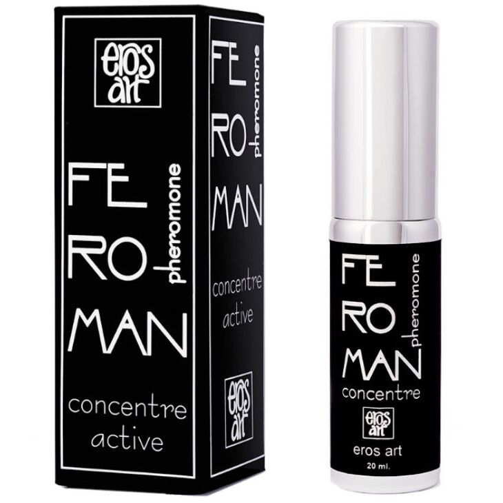Concentre aux pheromones Feroman 20 ml, boite noire et blanche et flacon assorti, formule inodore pour homme compatible avec un parfum, a base d'androstadienone.
