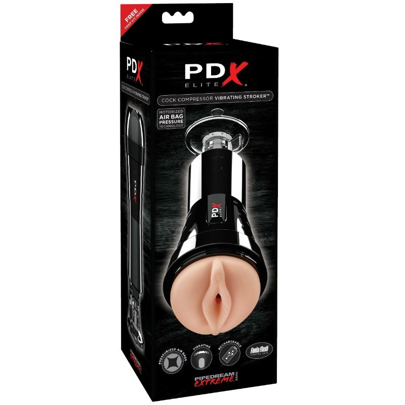Boîtier du PDX Elite Cock Compressor Vibrating Stroker — packaging détaillant la technologie de compression par coussin d'air motorisé