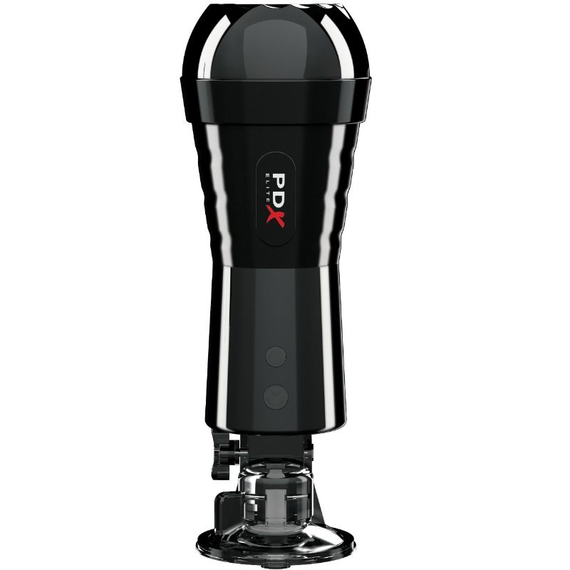 Masturbateur PDX Elite effet de compresseur — vue de profil fixé sur son support à ventouse