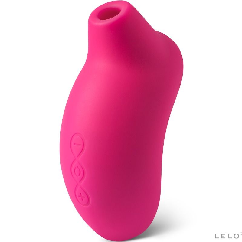 Stimulateur clitoridien Sona rose vif en silicone vu de profil côté commandes, embout d'aspiration arrondi, masseur à ondes soniques sans contact, rechargeable.