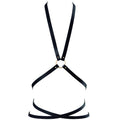 Harnais multi-voies Bijoux Indiscrets en sangles vegan noires a anneau, presente a plat, accessoire bondage chic ajustable au cou, a la poitrine et a la taille.