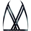 Harnais de poitrine croise Maze en sangles vegan noires, photographie a plat sur fond blanc, lanieres ajustables formant un X, accessoire bondage chic Bijoux Indiscrets