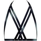 Harnais de poitrine croise Maze en sangles vegan noires, photographie a plat sur fond blanc, lanieres ajustables formant un X, accessoire bondage chic Bijoux Indiscrets