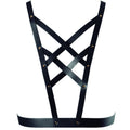 Harnais multi-voies noir en sangles vegan etale sur fond blanc, lanieres croisees ajustables au cou et a la taille, accessoire bondage chic Bijoux Indiscrets