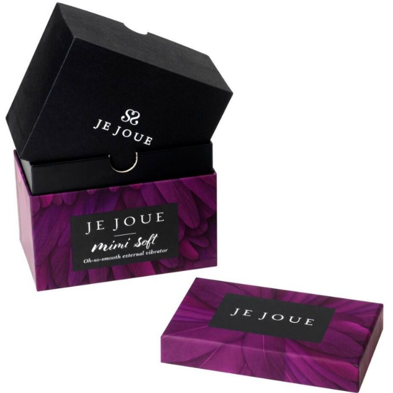 Coffret Mimi Soft Je Joue ouvert, écrin à plumes prune et boîtier noir posés à plat, mention oh-so-smooth external vibrator, packaging déballé présenté sur fond blanc parfaitement épuré.
