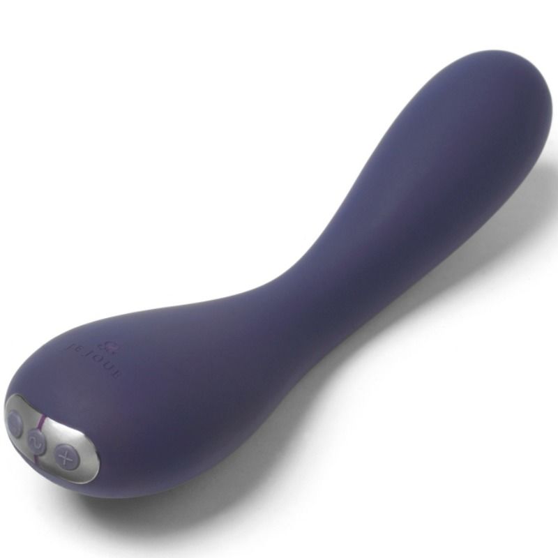 Vibrateur Uma violet dressé, manche large avec trois commandes argentées et tige incurvée à embout lisse, stimulateur ergonomique en silicone au profil élégant.