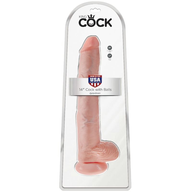 Blister King Cock 14 pouces Cock with Balls présentant le gode réaliste géant couleur chair, emballage suspendu avec mention Made in USA et vignette du produit.