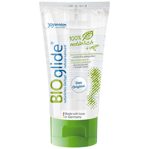 Tube BIOglide lubrifiant intime base eau Joydivision, vu de face, texture douce 100 pour cent naturelle compatible preservatifs latex et facile a rincer