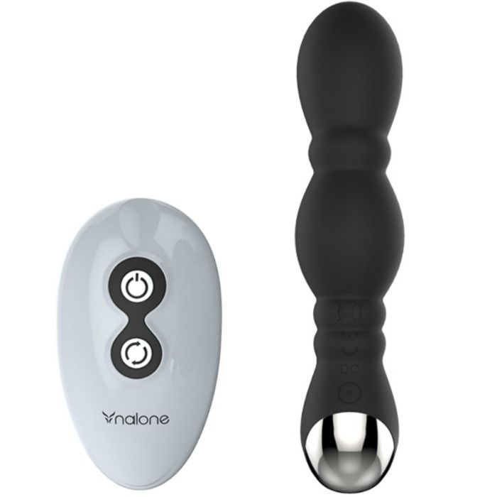 Masseur de prostate Dragon noir avec sa télécommande blanche Nalone, vue de profil