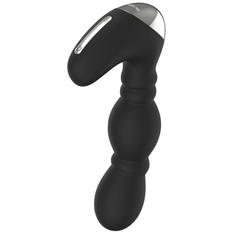 Gros plan sur la tête bulbeuse et la base argentée du masseur de prostate Dragon, vu de profil