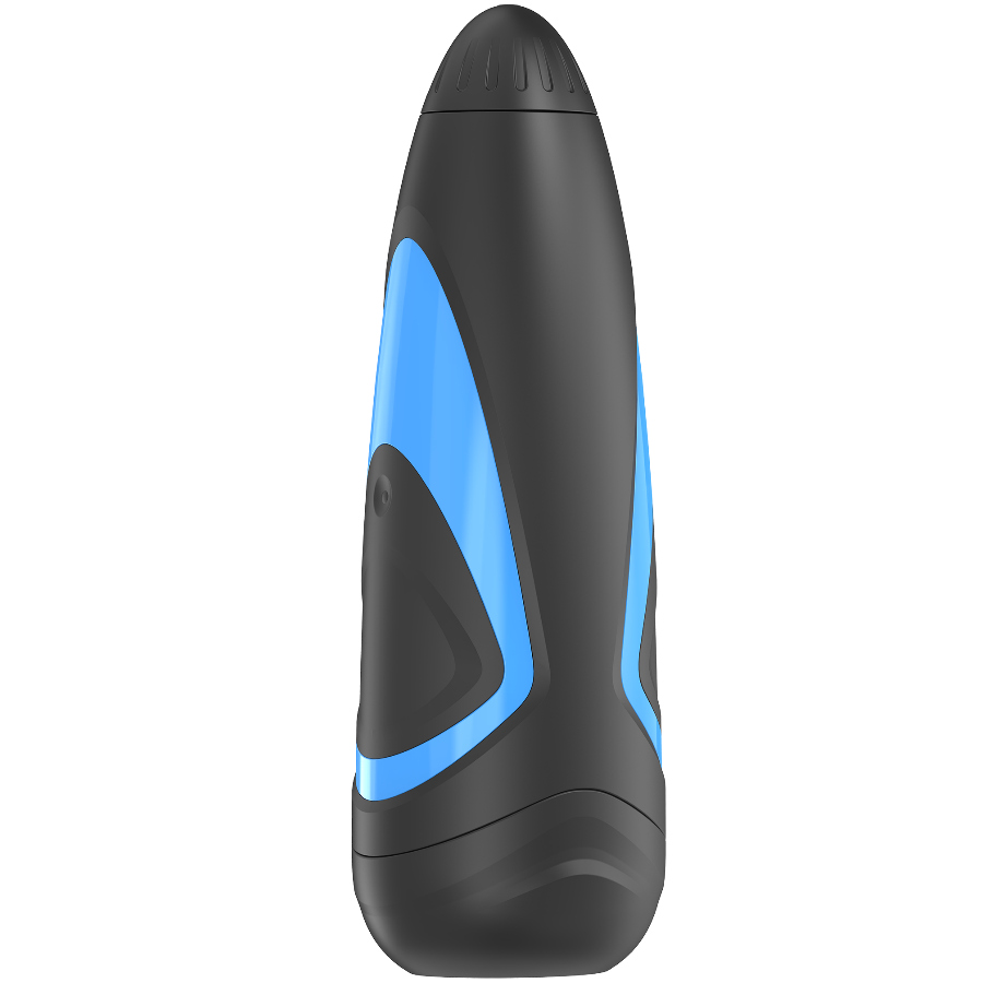 Masturbateur masculin Satisfyer vu de cote, boutons plus et moins du regulateur de pression, coque noire et bleue ergonomique, gaine douce interne, sans element anatomique visible.