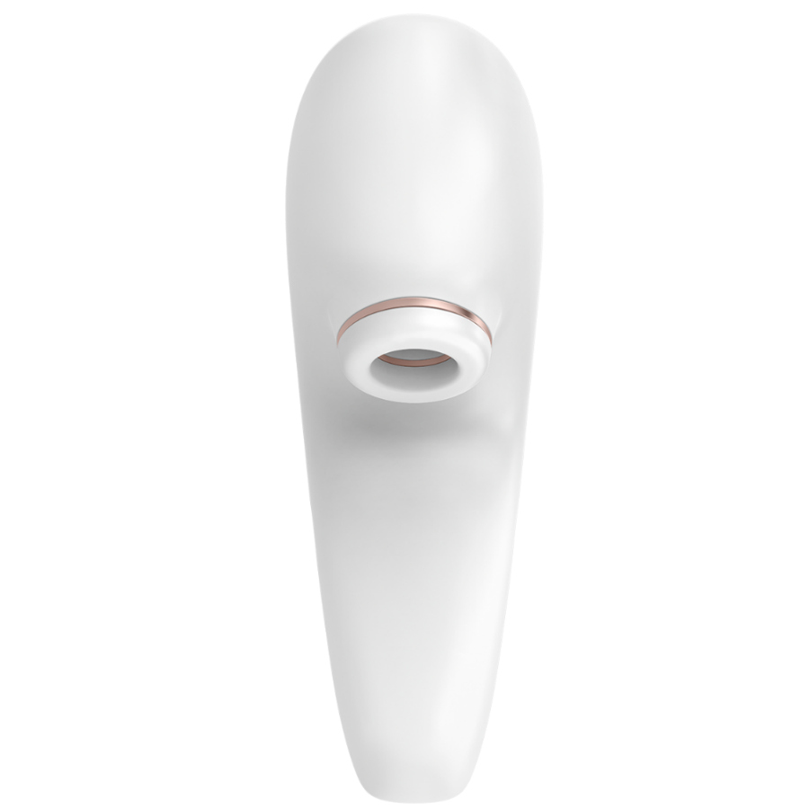 Stimulateur clitoridien Satisfyer blanc vu du dessus, ouverture d'aspiration en silicone et liseré dore, corps allonge ergonomique, ondes de pression sans contact, etanche.