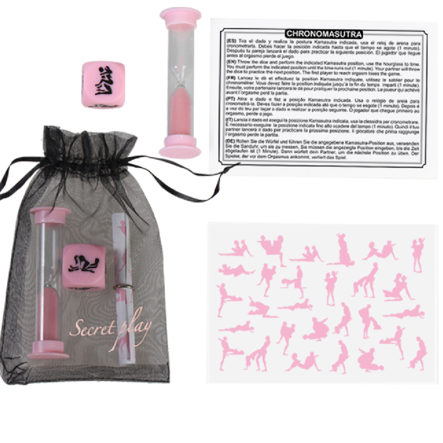 Jeu Chronomasutra de Secret Play, de des kamasutra rose et sablier en pochette satin avec notice et planche de positions illustrees, jeu de couple ludique pour pimenter les soirees.